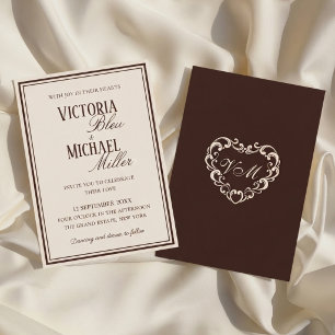 Invitación Boda Chic de Crema y Chocolate Marrón Antiguo