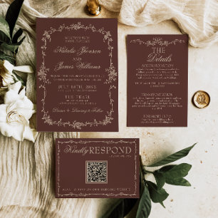 Invitación Boda Chic de Dinero Antiguo Floral Marrón Chocolat