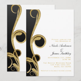 Invitación Boda Chic Elegante Remolino de Oro Blanco Negro