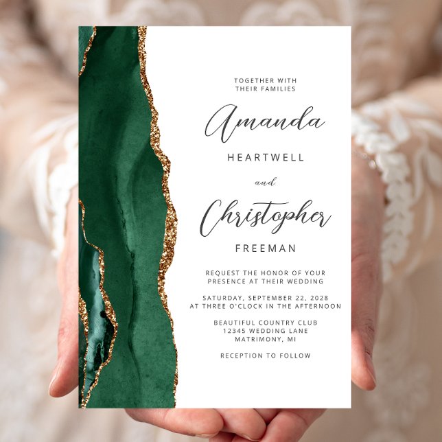 Invitación Boda Chic Esmeralda Verde Oro Ágata Script (Subido por el creador)