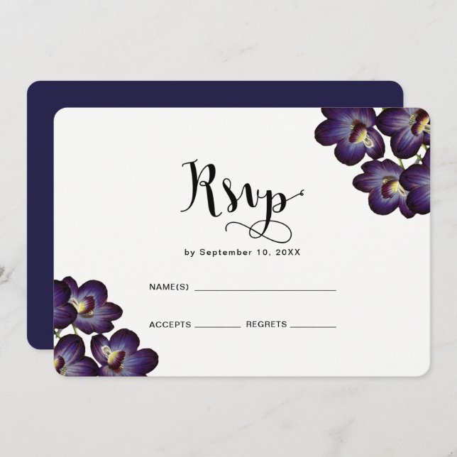 Invitación Boda Chic Femenina con Floral Púrpura Rsvp (Anverso / Reverso)