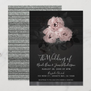 Invitación Boda Chic Floral Glam Moderna de Rosa y Negro