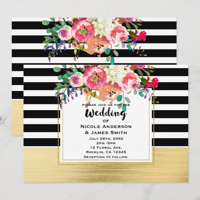 Invitación Boda Chic Floral Glam Moderno Dorado Blanco (Anverso / Reverso)