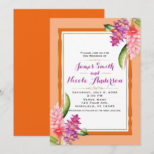Invitación Boda Chic Floral Tropical Coral Naranja y Dorado