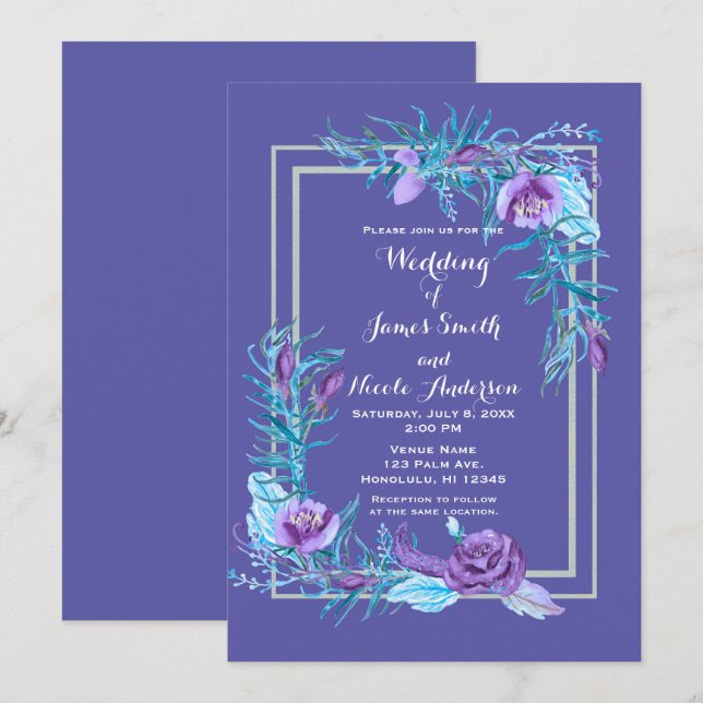 Invitación Boda Chic Floral Violeta Intenso y Acuático (Anverso / Reverso)