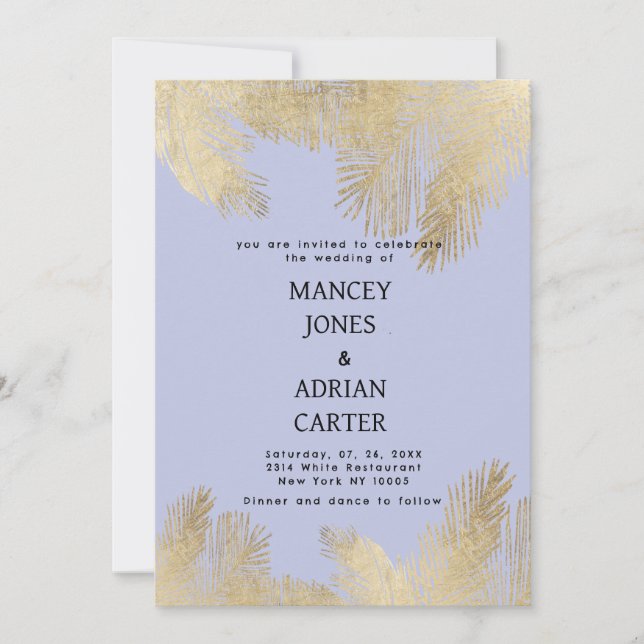 Invitación Boda chic lavanda palma tropical dorada (Anverso)