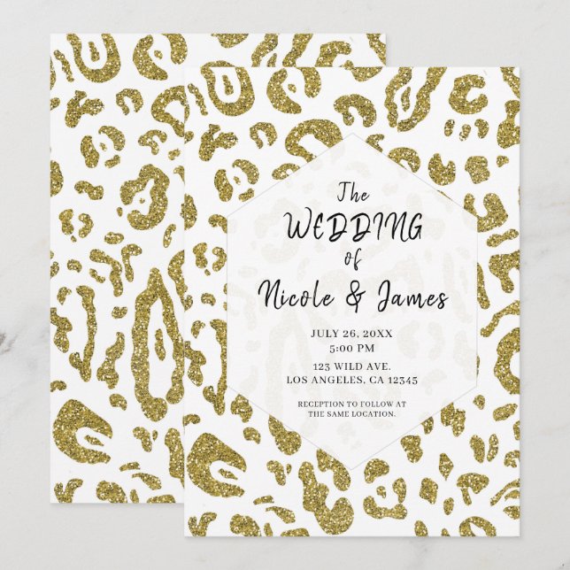 Invitación Boda Chic Leopardo Cheetah Blanco Brillo Dorado (Anverso / Reverso)