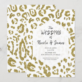 Invitación Boda Chic Leopardo Guepardo Blanco Brillo Dorado
