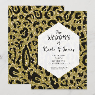 Invitación Boda Chic Leopardo Guepardo Negro Brillo Dorado