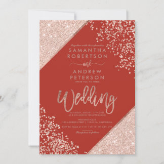 Invitación Boda chic roja con purpurina de oro rosa y confeti