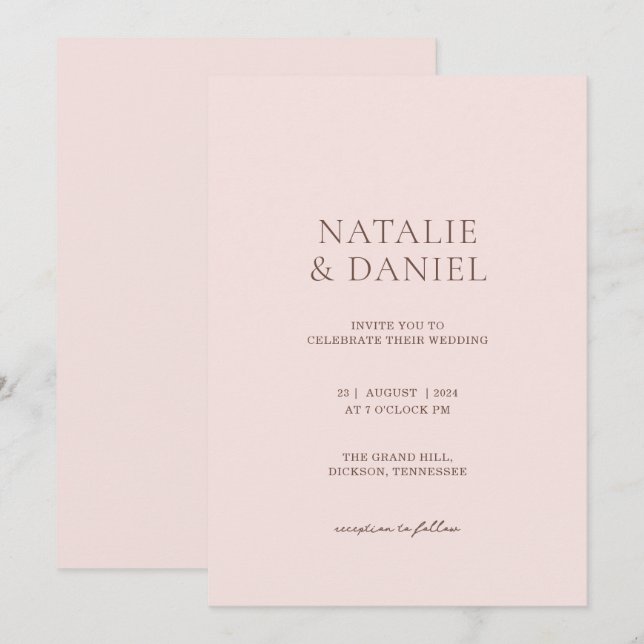 Invitación Boda Chic Rosa Rubor y Marrón Cálido (Anverso / Reverso)