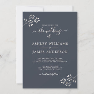 Invitación Boda Chic Script Marfil Follaje Azul Oscuro