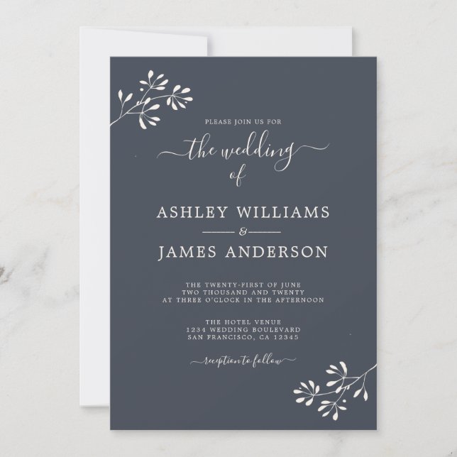 Invitación Boda Chic Script Marfil Follaje Azul Oscuro (Anverso)