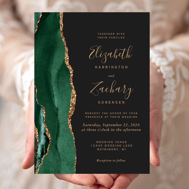Invitación Boda Chic Verde Esmeralda Oro Ágata Oscuro (Subido por el creador)