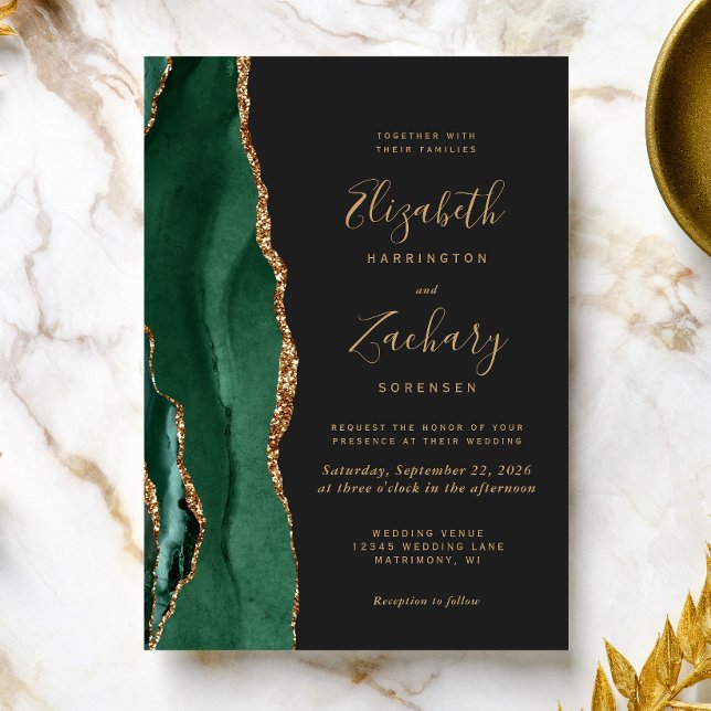 Invitación Boda Chic Verde Esmeralda Oro Ágata Oscuro (The perfect choice for an emerald green themed wedding.)