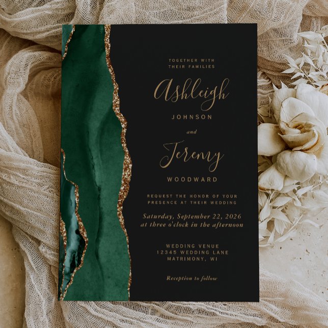 Invitación Boda Chic Verde Esmeralda Oro Ágata Oscuro (Subido por el creador)