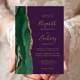 Invitación Boda Chic Verde Esmeralda Oro Ágata Púrpura
