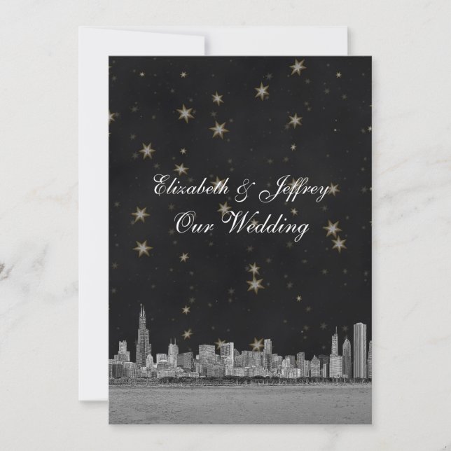 Invitación Boda Chicago Skyline Black Gold Star V (Anverso)