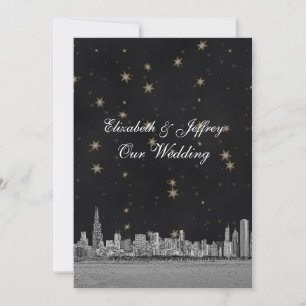 Invitación Boda Chicago Skyline Black Gold Star V
