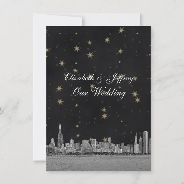 Invitación Boda Chicago Skyline Black Gold Star V (Anverso)