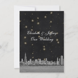 Invitación Boda Chicago Skyline Black Gold Star V