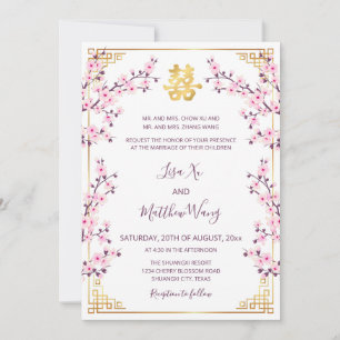 Invitación Boda china americana bilingüe rosa dorada