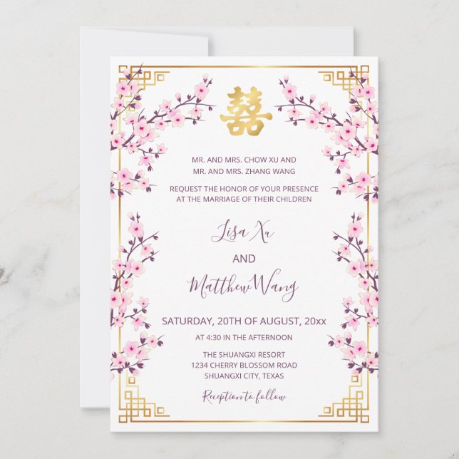 Invitación Boda china americana bilingüe rosa dorada (Anverso)