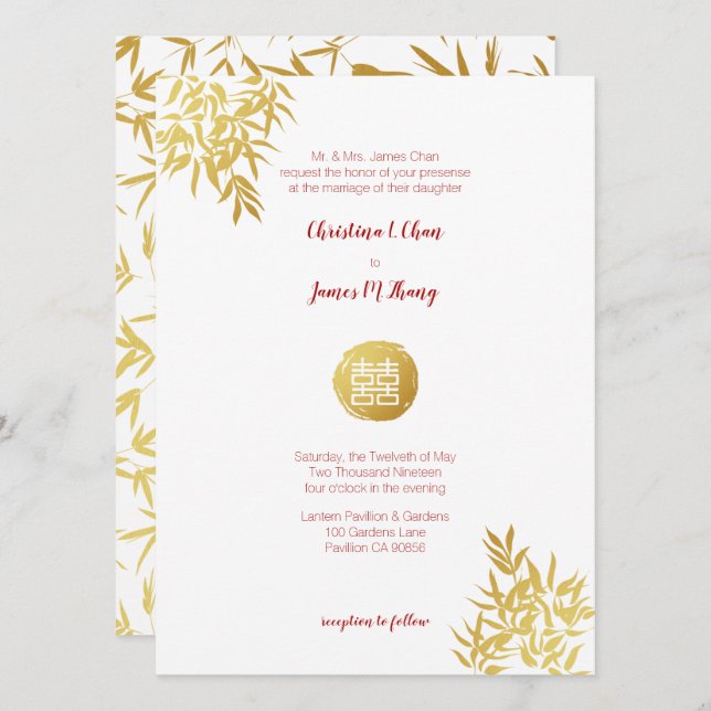 Invitación Boda china de la felicidad doble de bambú del oro (Anverso / Reverso)