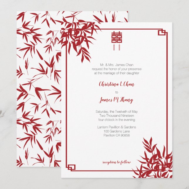 Invitación Boda china de la felicidad doble de bambú roja (Anverso / Reverso)