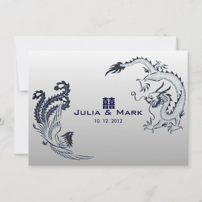 Invitación Boda china del dragón-fénix de plata azul © (Anverso)