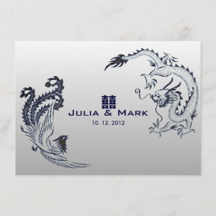 Invitación Boda china del dragón-fénix de plata azul