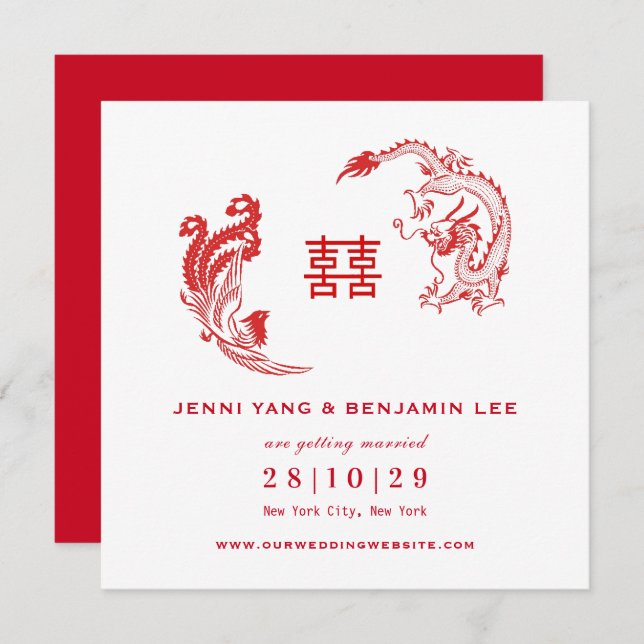 Invitación Boda China Dragón-Fénix Salva La Fecha (Anverso / Reverso)