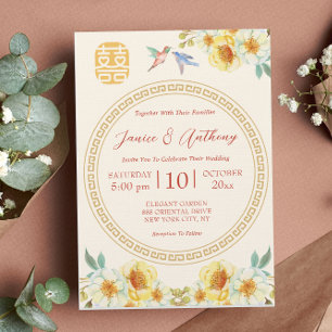 Invitación Boda china floral amarillo pájaro elegante