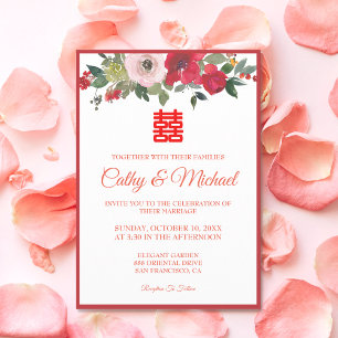 Invitación Boda china moderna floral acuarela roja rosa