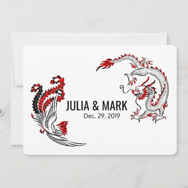 Invitación Boda china roja negra moderna de Dragón-Phoenix (Anverso)