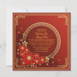 Invitación Boda chino bilingüe de flores rojas y oro