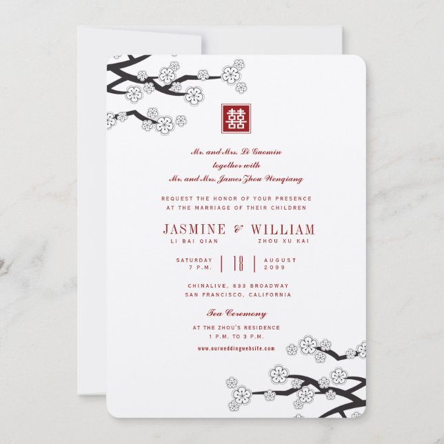 Invitación Boda chino blanco Sakura rojo doble felicidad (Reverso)