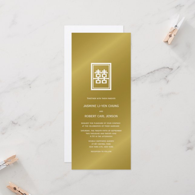 Invitación Boda chino clásico de la felicidad doble dorada (Anverso/Reverso In Situ)