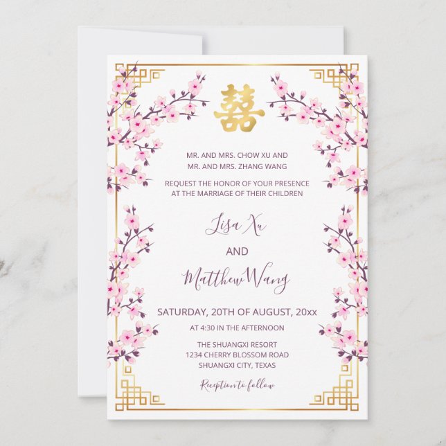 Invitación BODA chino con flores de cerezo BILINGUAL (Anverso)