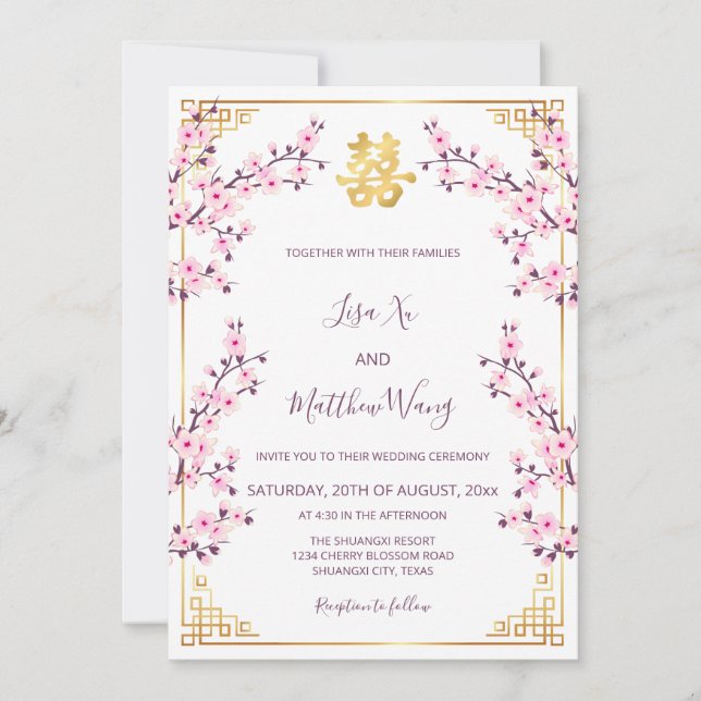 Invitación Boda chino con flores de cerezo rosado (Anverso)