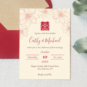 Invitación Boda chino con flores de color rojo y beige boho