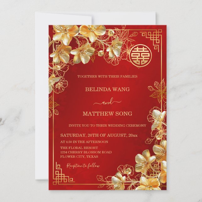Invitación Boda chino con flores Gold 3 D (Anverso)