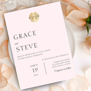 Invitación Boda chino coreano rosa de Rubor doble felicidad