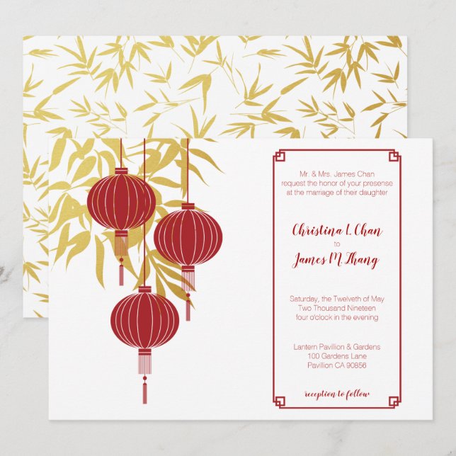 Invitación Boda chino de Bambú dorado de Linterna Roja (Anverso / Reverso)