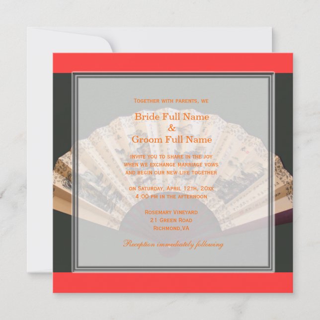 Invitación Boda chino de bambú y fanático de la seda (Anverso)