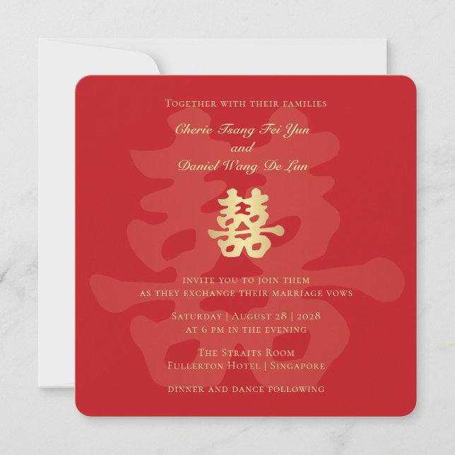 Invitación Boda chino de caligrafía de doble felicidad (Anverso)