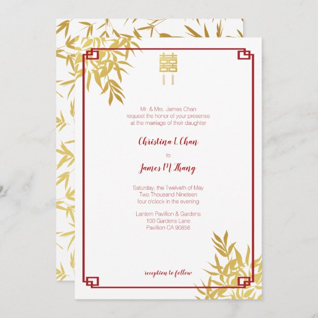 Invitación Boda chino de doble felicidad de bambú de oro (Anverso / Reverso)