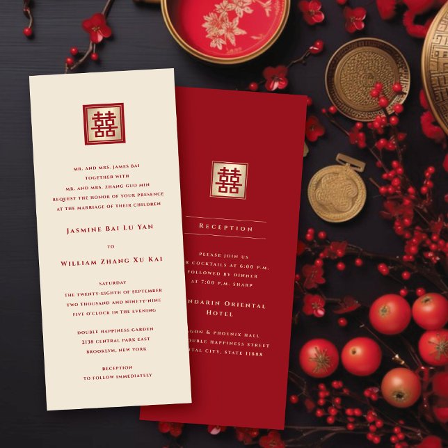 Invitación Boda chino de doble felicidad en Plaza Roja/Oro (Red/Gold Classic Square Double Happiness Chinese Wedding/Reception Invitation @ fatfatin_red_knot)