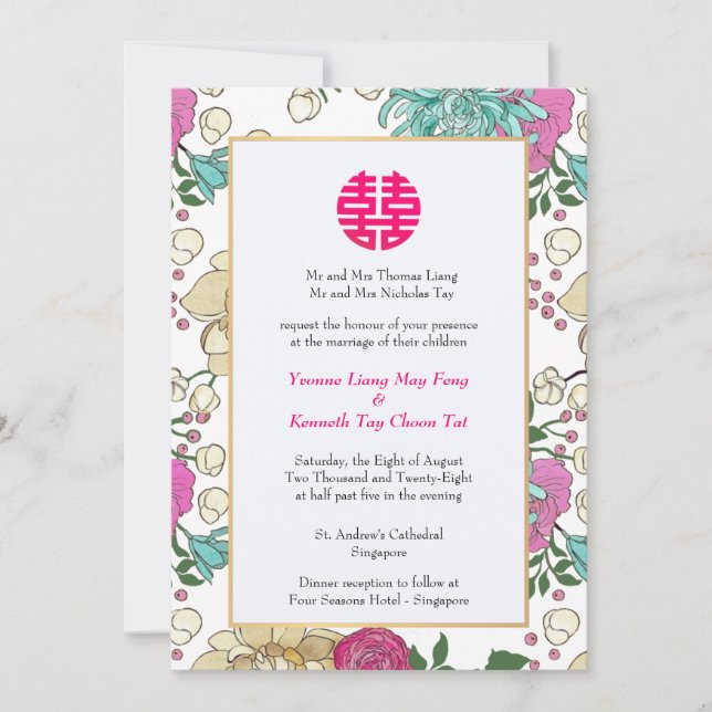 Invitación Boda chino de doble felicidad floral oriental (Anverso)