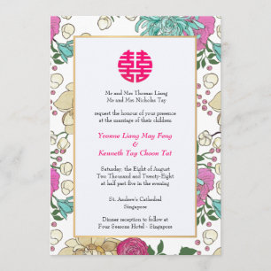 Invitación Boda chino de doble felicidad floral oriental